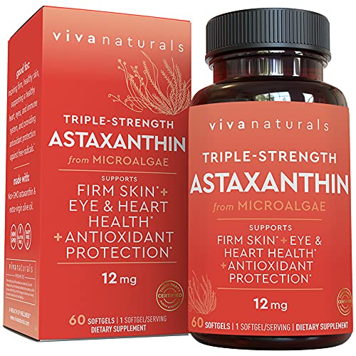 Viva Naturals Astaxanthin 12mg (60 softgels) - Daily Antioxidant Protection, Supports Skin Hydration & Firmness, Heart Health & Immune Support