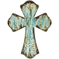 Rustic Turquoise Metal Wall Cross with Embossed Swirls