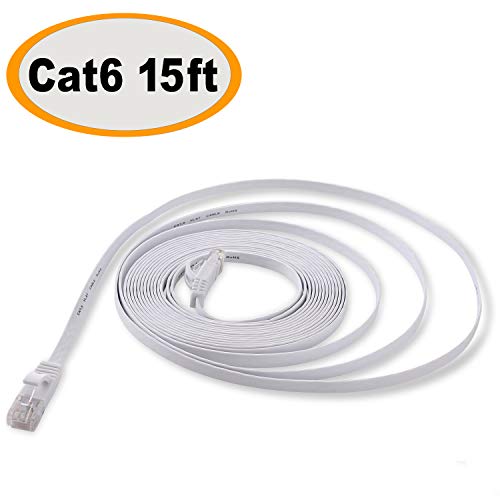 Cat 6 Ethernet Cable 15 ft - Flat Internet Network Lan patch cord Short - faster than Cat5e/Cat5, Slim Cat6 High Speed Computer wire With Snagless Rj45 Connectors for Router, PS4, Xobx - 15 feet White