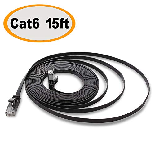 Cat 6 Ethernet Cable 15 ft, Flat Internet Network Lan patch cord Short, faster than Cat5e/Cat5, Solid Cat6 High Speed Computer RJ45 Wire for Modem, Router, PS4, Xbox, Switch, Camera, TV, Hub - Black