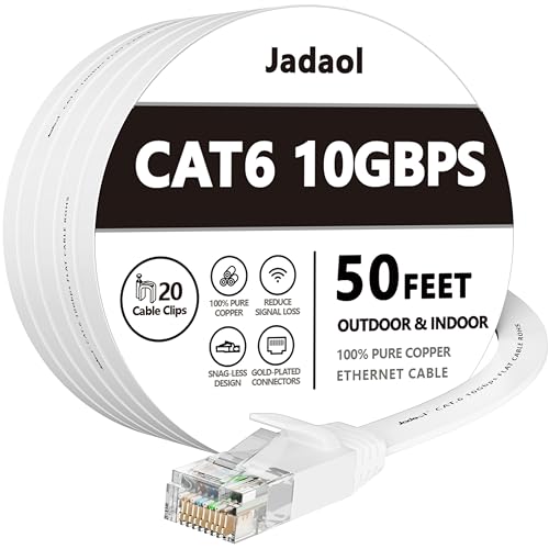 Cat 6 Ethernet Cable 50 ft White - Flat Internet Network Lan patch cords â€“ Solid Cat6 High Speed Computer wire With clips& Snagless Rj45 Connectors for Router, modem â€“ faster than Cat5e/Cat5 - 50 feet