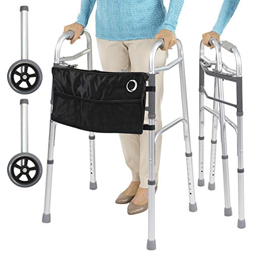 Book Cover Vive Folding Walker [Plus Bag] - Front Wheeled Support, Narrow 23 Inch Wide - Adjustable, Portable, Lightweight, Compact Elderly Walking Medical Mobility Aid for Handicap - Push Button Open and Close