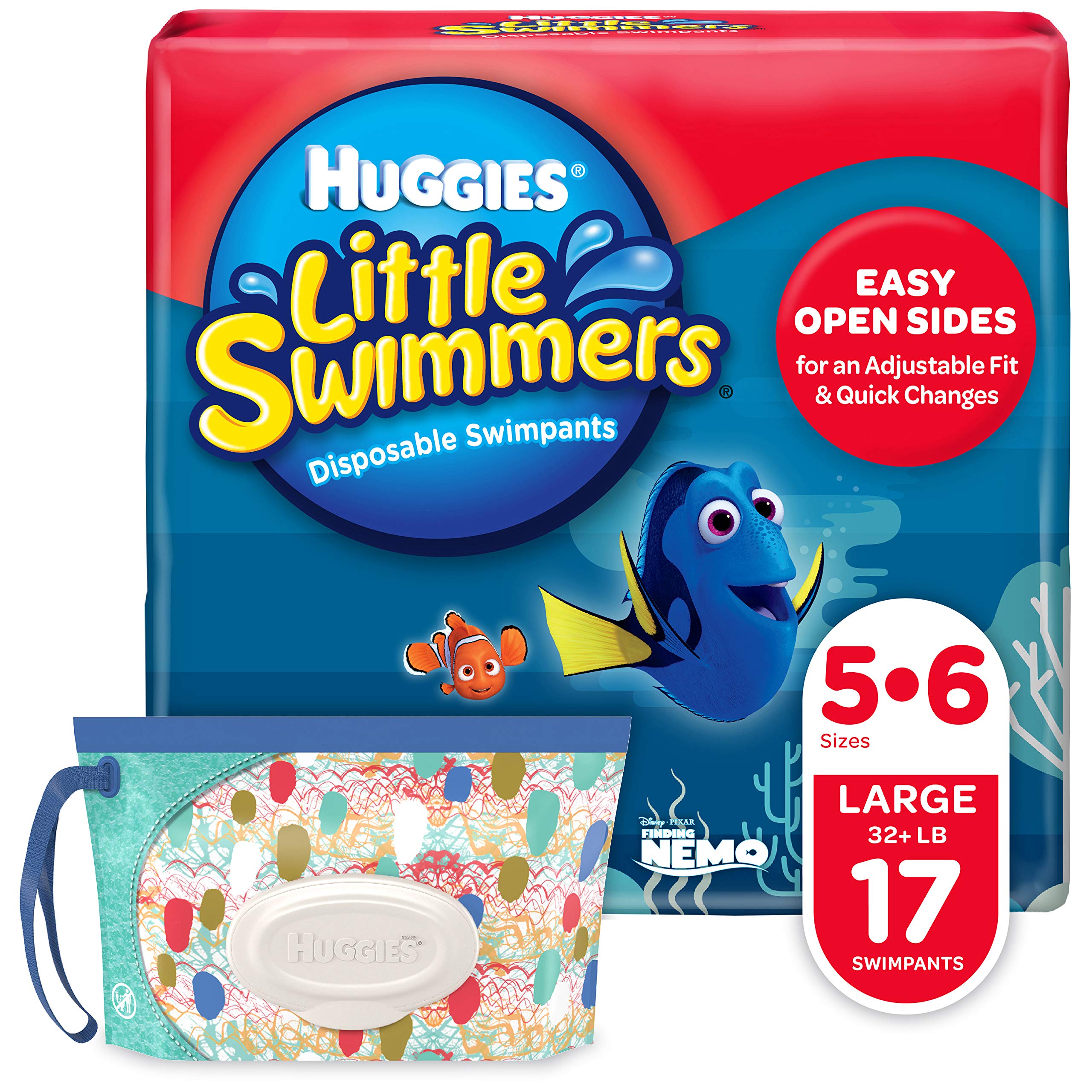 Book Cover Huggies Little Swimmers Disposable Swim Diapers, Swimpants, Size 5-6 Large (Over 32 Pound), 17 Count, with Huggies Wipes Clutch 'N' Clean Bonus Pack (Packaging May Vary)