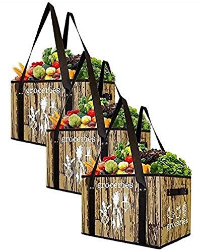 Earthwise Reusable Grocery Bag Set Deluxe Collapsible Shopping Box with Reinforced Bottom (Set of 3)