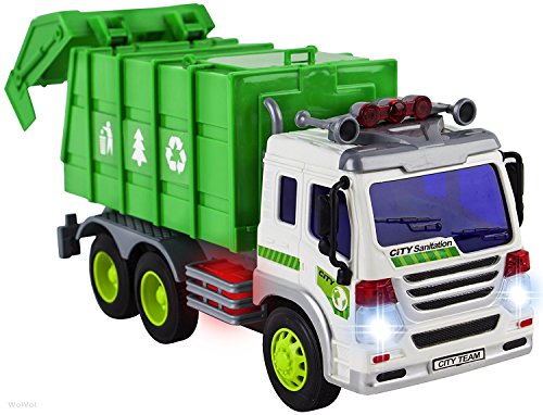 Book Cover WolVol Friction Powered Garbage Truck Toy With Lights and Sounds For Kids (Can Open Back)