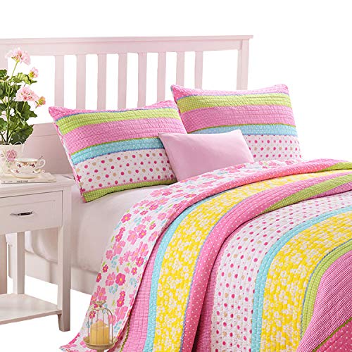 Brandream Kids Floral Quilt Set Twin Size Cotton Pink Polka Dot Stripe Pastel Bedding Bedspread Coverlet Set 2-Piece
