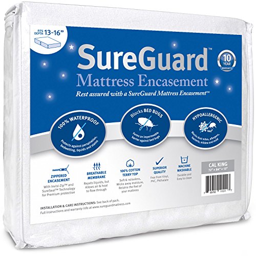 Cal King (13-16 in. Deep) SureGuard Mattress Encasement - 100% Waterproof, Bed Bug Proof - Premium Zippered Six-Sided Cover