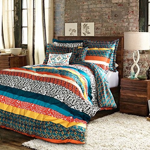 Book Cover Lush Decor Boho Striped Comforter Bedding Colorful Pattern Bohemian Style Reversible 7 Piece Set, Full/Queen, Turquoise & Tangerine