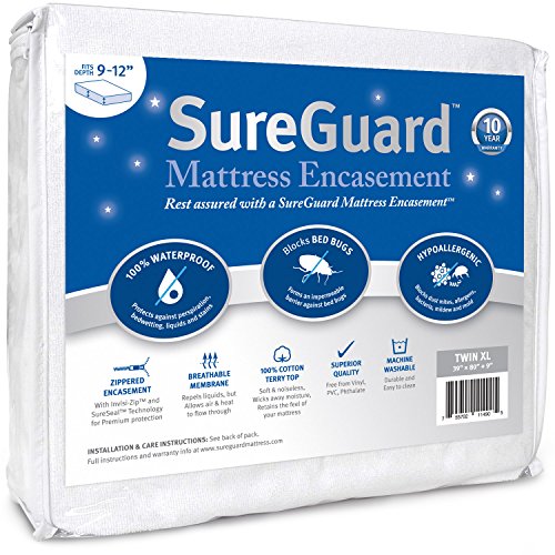 Twin XL (9-12 in. Deep) SureGuard Mattress Encasement - 100% Waterproof, Bed Bug Proof - Premium Zippered Six-Sided Cover