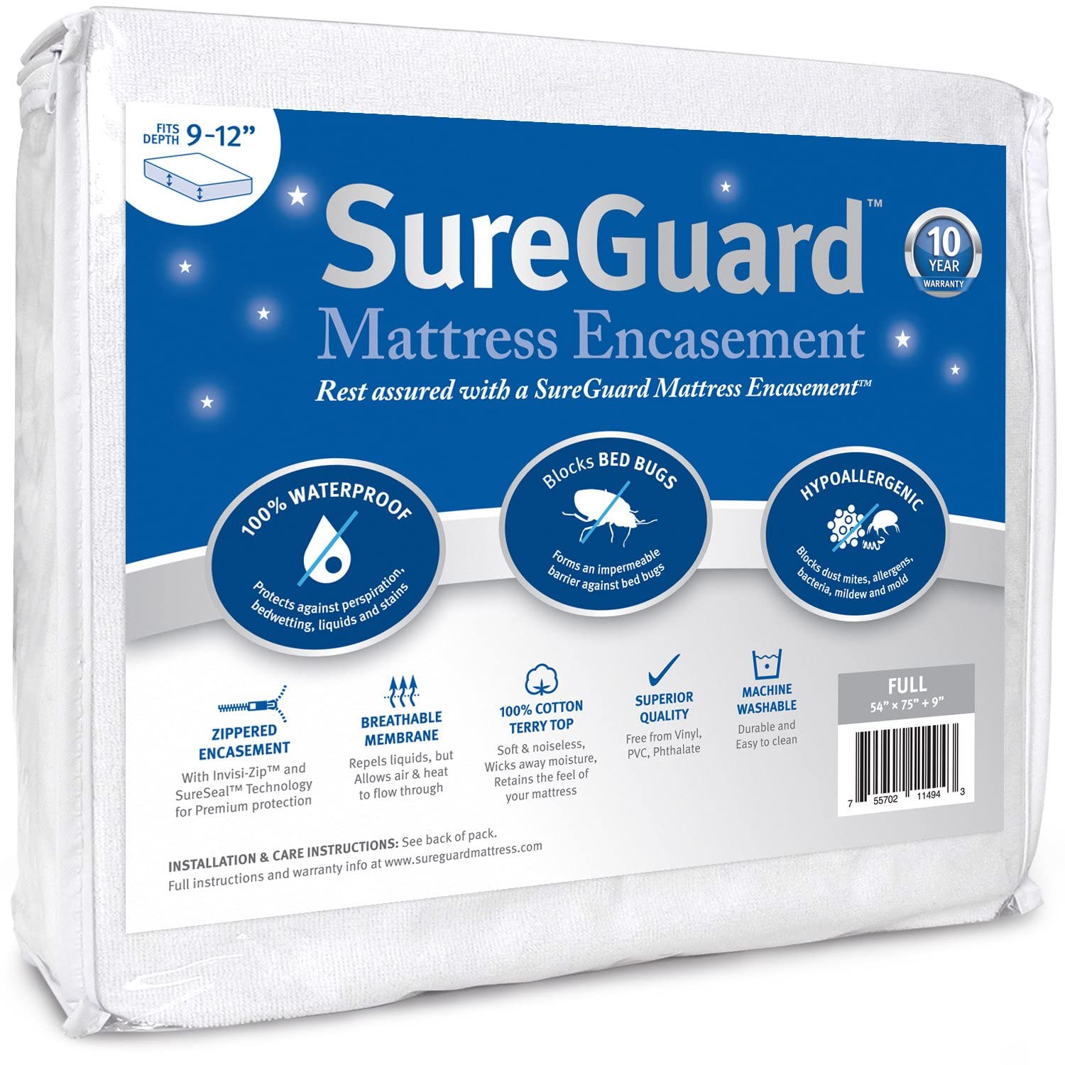 Full (9-12 in. Deep) SureGuard Mattress Encasement - 100% Waterproof, Bed Bug Proof, Hypoallergenic - Premium Zippered Six-Sided Cover 9-12" Deep Full
