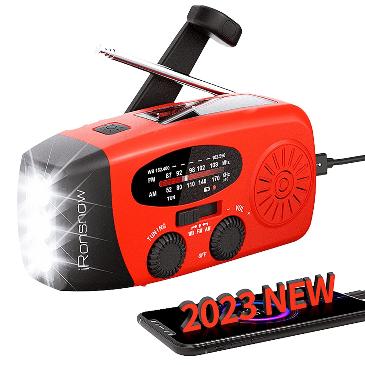 (Classic Creator) iRonsnow Solar Emergency NOAA Weather Radio Dynamo Hand Crank Self Powered AM FM WB Radios 3 LED Flashlight 1000mAh Smart Phone Charger Power Bank(Red)