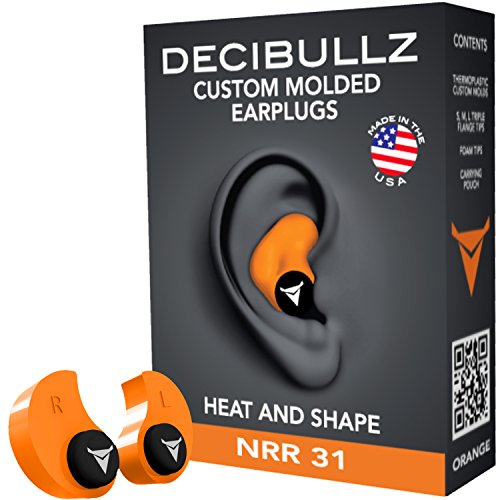 Decibullz - Custom Molded Earplugs, 31dB Highest NRR, Comfortable Hearing Protection for Shooting, Travel, Swimming, Work and Concerts (Orange)
