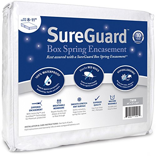 Book Cover Twin Size SureGuard Box Spring Encasement - 100% Waterproof, Bed Bug Proof, Hypoallergenic - Premium Zippered Six-Sided Cover - 10 Year Warranty