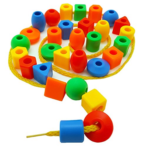 Skoolzy Preschool Large Lacing Beads for Kids - 30 Stringing Beads with 2 Strings Toddler Crafts with Travel Tote - Montessori Toys for Toddlers Occupational Therapy Fine Motor Skills Toys Autism OT