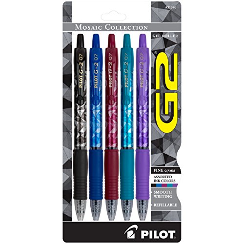 PILOT G2 Mosaic Collection Refillable & Retractable Rolling Ball Gel Pens, Fine Point, Assorted Grip/Ink Colors, 5-Pack (31676)