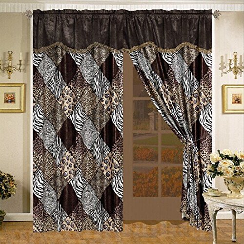 Book Cover Grand Linen 4 Piece Brown/Black Animal Leopard Print Microfur Curtain set with attached Valance and Sheers