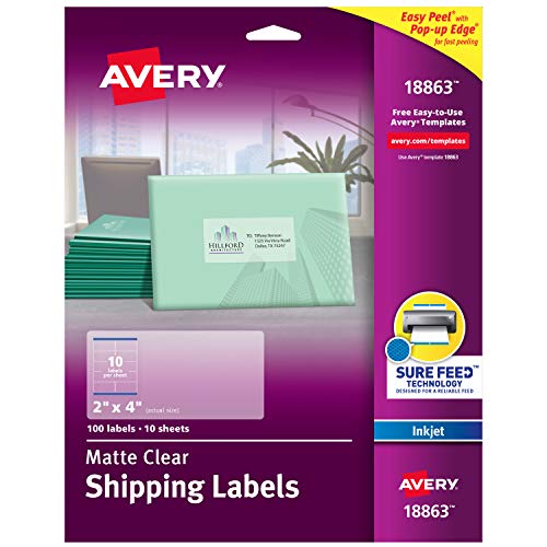 Avery Clear Easy Peel Shipping Labels for Inkjet Printers 2" x 4", Pack of 100 (18863)