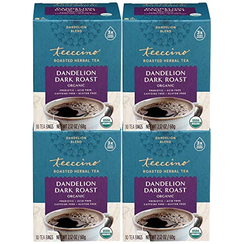 Teeccino Dandelion Root Tea - Dark Roast - Caffeine Free, Organic, Roasted Herbal Tea with Prebiotics, 3x More Herbs than Regular Tea Bags - Gluten-Free, Acid-Free Coffee Alternative - 10 Tea Bags (Pack of 4)