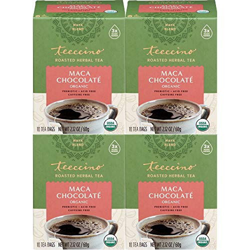 Teeccino Maca Chocolaté Herbal Tea - Rich & Roasted Herbal Tea That’s Caffeine Free & Prebiotic with Natural Energy from Adaptogenic Peruvian Maca, 10 Tea Bags (Pack of 4)