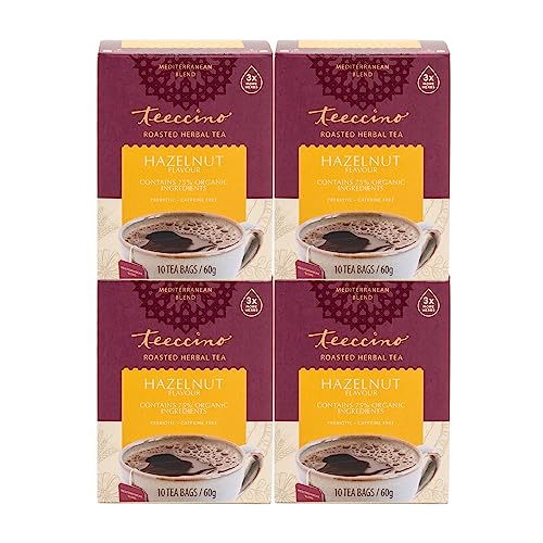 Teeccino Hazelnut Herbal Tea - Rich & Roasted Herbal Tea That’s Caffeine Free & Prebiotic for Natural Energy, 10 Tea Bags (Pack of 4)