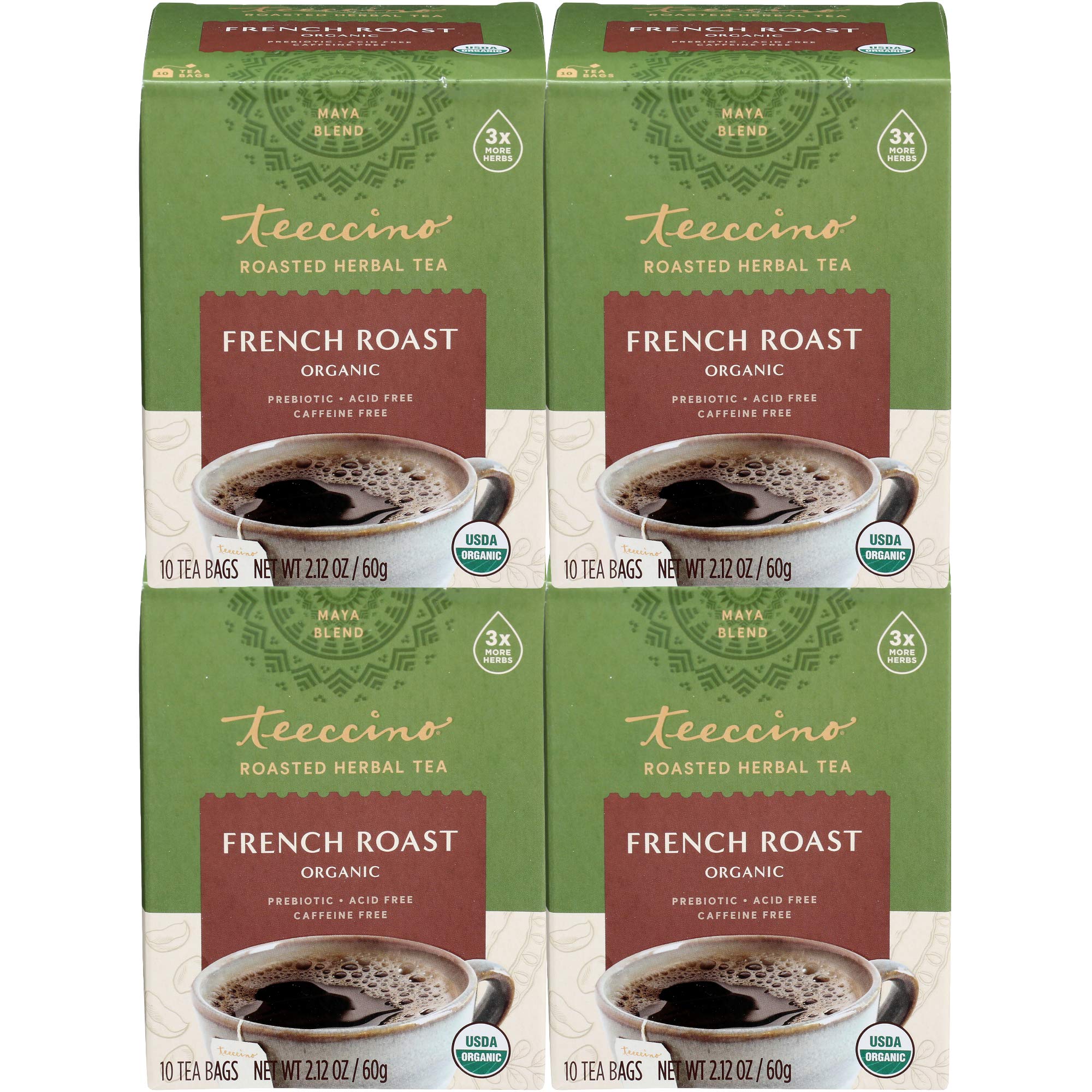 Teeccino French Roast Herbal Tea - Rich & Roasted Herbal Tea That’s Caffeine Free & Prebiotic for Natural Energy, Coffee Alternative, 10 Tea Bags (Pack of 4) 10 Count (Pack of 4)