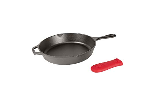 Book Cover Lodge Cast Iron Skillet with Red Silicone Hot Handle Holder, 10.25-inch