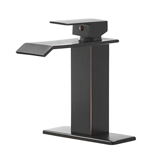 BWE Oil Rubbed Bronze Bathroom Faucet Modern Waterfall Single Hole Bathroom Sink Faucet Parts Square Spout Bath Lavatory Vanity and Supply Hose Single Handle