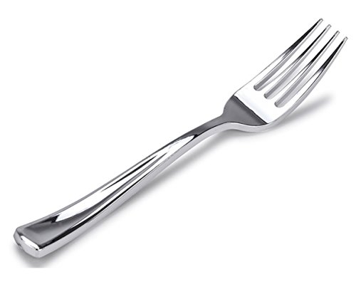 Book Cover Stock Your Home 125 Disposable Heavy Duty Silver Plastic Forks, Fancy Plastic Silverware Looks Like Silver Cutlery - Utensils Perfect for Catering Events, Restaurants, Parties and Weddings