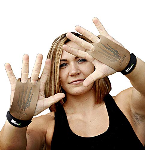 Bear KompleX 2 Hole Leather Hand Grips for Gymnastics & Crossfit, Pull-ups, Weight Lifting. WODs w, Wrist Straps. Comfort & Support- Hand Protection from Rips & Blisters. (Tan, Small)