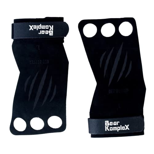 Bear KompleX 3 Hole Leather Hand Grips for Cross Training Workouts, Pull-ups, Weightlifting, WOD Gymnastics, Crosstraining Palm Grips with Wrist Wraps, Hand Protection from Rips and Blisters,1 Pair