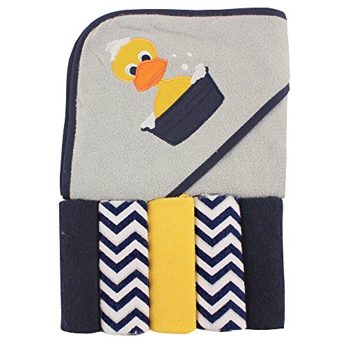 Book Cover Luvable Friends Unisex Baby Hooded Towel with Five Washcloths, Duck, One Size