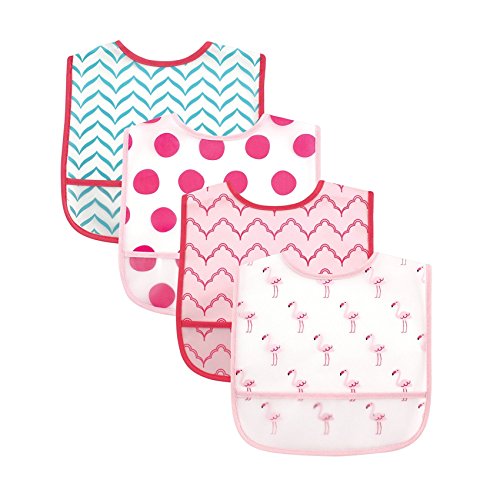 Luvable Friends Water Resistant Bibs with Crumb Catcher Pocket, Flamingo, 4 Count