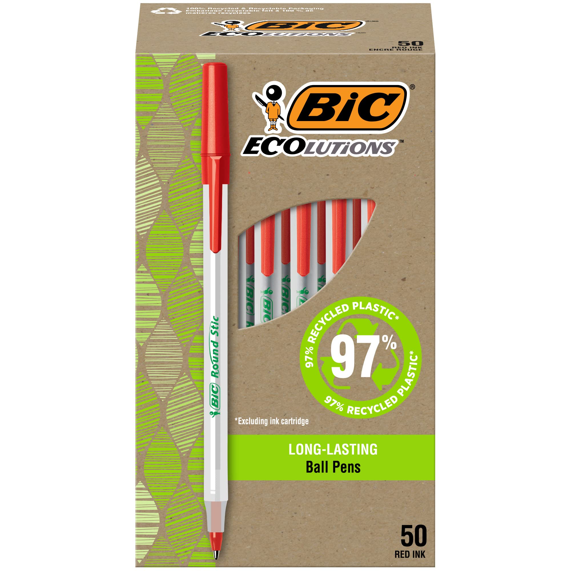 Book Cover BIC ReVolution Round Stic Ball Point Red Pens, Medium Point (1.0mm), Made From 74% Recycled Plastic, Red Pens, 50-Count 50 Count (Pack of 1) Red