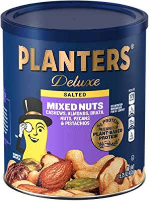 PLANTERS Deluxe Mixed Nuts - Roasted Cashews, Almonds, Brazil Nuts, Pistachios, and Pecans, Plant-Based Protein, Quick Snack, 15.25oz Canister