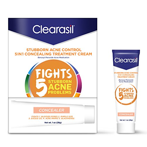 Acne Treatment Cream - Clearasil Stubborn Acne Control 5-in-1 Concealing Treatment Cream with Benzoyl Peroxide Acne Medication to Clear Acne, 1 Ounce