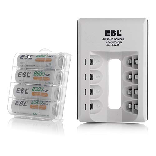 EBL AA AAA Ni-MH Ni-CD Individual Smart Battery Charger with AA Rechargeable Batteries 2300mAh 4 Packs