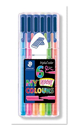 Staedtler Triplus Color, Feutres de coloriage aux couleurs néon, Forme triangulaire ergonomique et pointe de 1 mm, Étui chevalet avec 6 feutres néon assortis, 323 SB6CS3