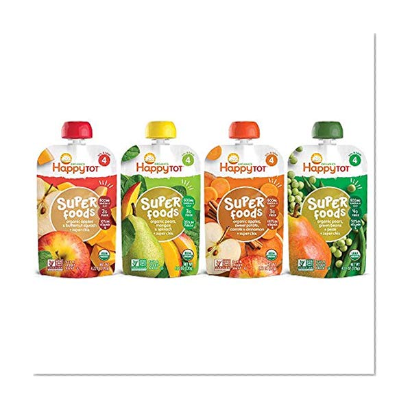Happy Tot Organic Stage 4 Super Foods Variety Pack, 4.22 Ounce Pouch (Pack of 16) Green Beans/Pear/Pea, Sweet Potato/Apple/Carrot/Cinnamon, Apple/Butternut/Spinach/Mango/Pear (Packaging May Vary)