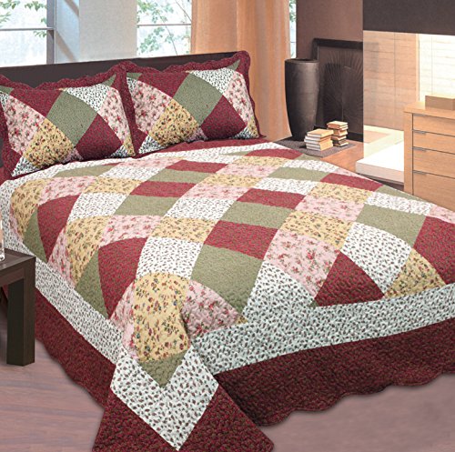 Book Cover MK Home Mk Collection California King 3pc Bedspread Floral Patchwork Off White Burgundy Pink Beige Coverlet Set New 0015001
