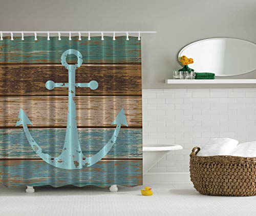 Book Cover Ambesonne Anchor Shower Curtain, Timeworn Marine on Weathered Wooden Planks Rustic Nautical Theme, Cloth Fabric Bathroom Decor Set with Hooks, 70