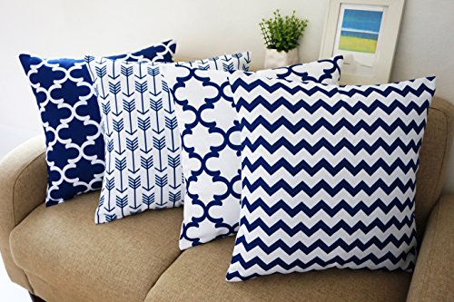 Book Cover Blue and White Howarmer Square Cotton Canvas Decorative Throw Pillows Cover Set of 4 Accent Pattern - Navy Blue Quatrefoil, Navy Blue Arrow, Chevron Cover Set 18
