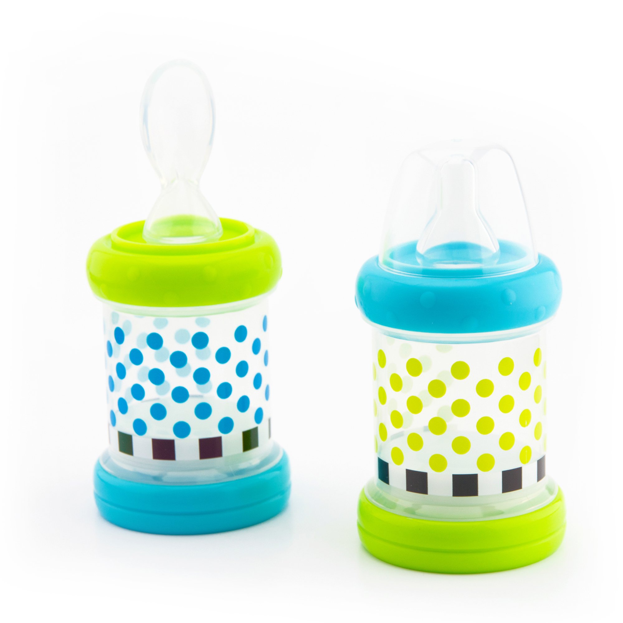 Book Cover Sassy Baby Food Nurser – 4+ Months Set of 2- 4oz 100% Silicone Nipple and Spoon BPA-Free Green/Blue