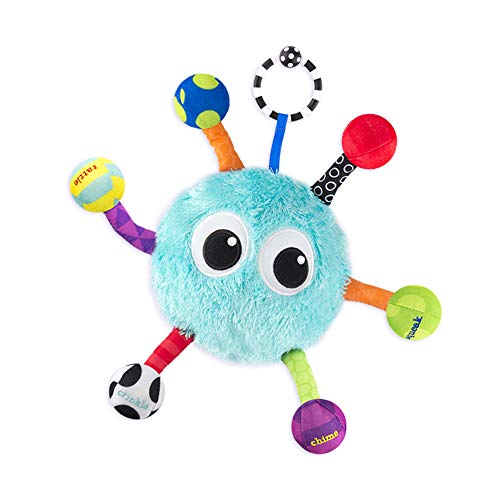 Sassy Grasp & Giggle Guy | Developmental Plush Toy for Early Learning | Squeak, Rattle and Chime | Attaches to Baby Gear for Travel