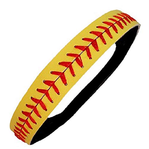 Wholesale Softball Headbands - Yellow Leather with Red Stitching Seam (Available in Lots of Pack Quantities) Fastpitch Stretch Elastic Sport and Fashion Headband by Kenz Laurenz (3 Pack)
