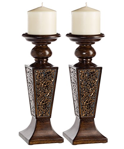 Book Cover Creative Scents Schonwerk Pillar Candle Holder Set of 2- Crackled Mosaic Design- Functional Table Decorations- Centerpieces for Dining/Living Room- Best Wedding Gift (Walnut)
