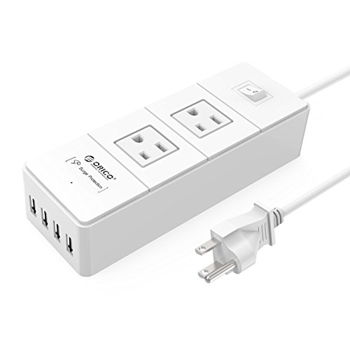 ORICO 2-Outlet Surge Protector Power Strip with 5Ft Power Cord 1700 Joules with 4 USB Charger Ports - Charges Phones, Tablets, Home and Office, Dorm Rooms - White (Former Version)