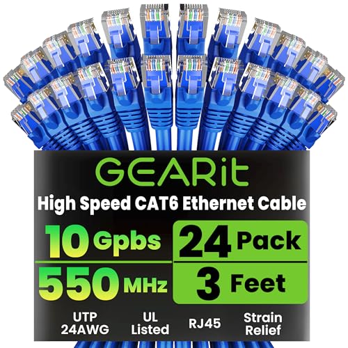 GearIT 24-Pack, Cat 6 Ethernet Cable Cat6 Snagless Patch 3 Feet - Snagless RJ45 Computer LAN Network Cord, Blue - Compatible with 24 48 Port Switch POE Rackmount 24port Gigabit
