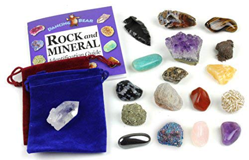 Book Cover Dancing Bear Rock and Mineral Geology Education Collection - 18 Pcs of Gem Stones w Identification Book. Box and 2 Velvet Pouches Included! Geology Gem Kit for Kids