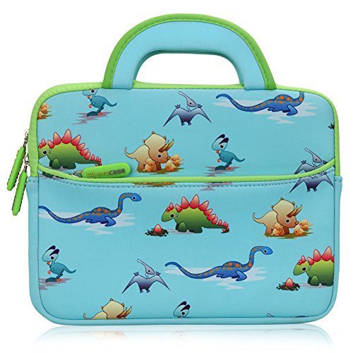 Book Cover Evecase 8.9-10.1 inch Kid Tablet Sleeve, Cute Dinosaurs Themed Neoprene Carrying Sleeve Case Bag for 8.9-10.1 inch Kid Tablets (Blue & Green Trim, with Dual Handle and Accessory Pocket)