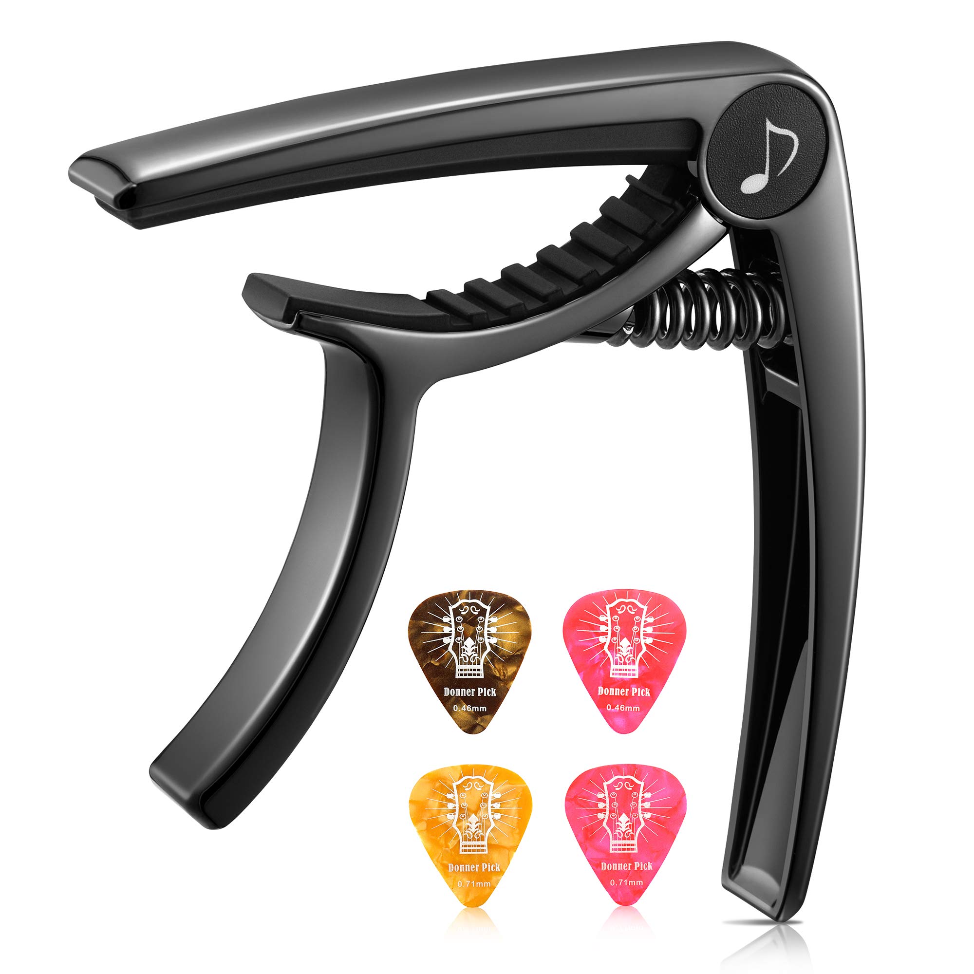 Book Cover Donner Guitar Capo for Electric and Acoustic Guitar DC-2, Ukulele Capo Black with 4 Picks